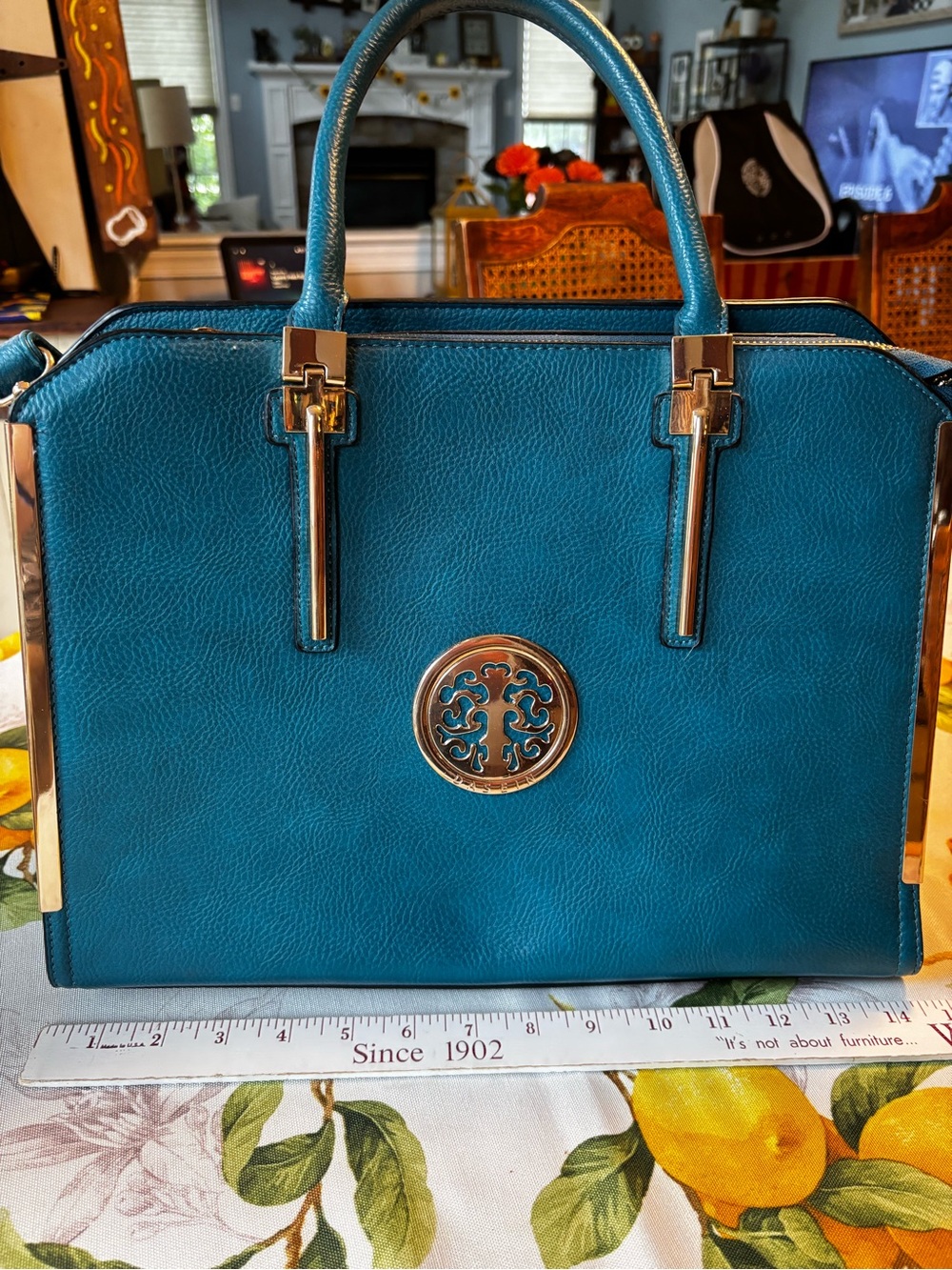 Teal Structured Tote Handbag and matching Wallet with Gold Accents